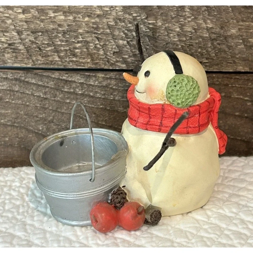 Hallmark Jan Karon Snowman‎ Tealight Candle Holder Apples Pail Retired